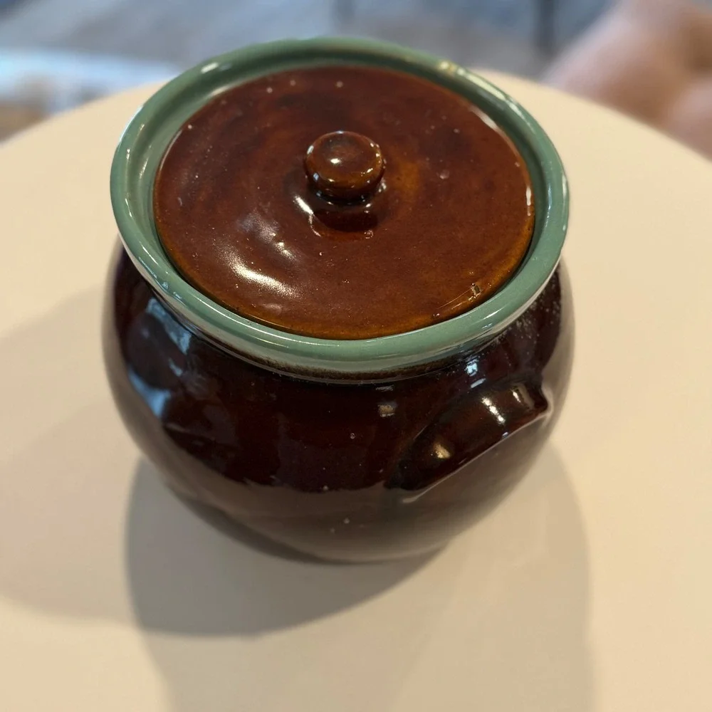Vintage Ceramic Crock‎ Bean Pot Jar Brown Turquoise Lid Hull Pottery ****Lid****